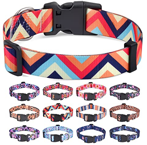 HQYDDMI Hundehalsband, Weich & Komfort Nylon Hunde Halsband, verstellbar für Katze, Welpen, kleine, mittelgroße und große Hunde, mit Blumen Muster(Bunte Wellen,XS)