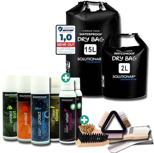 14-tlg.SOLUTIONAR® Premium Schuhputzsets [INKL 2 x WASSERDICHTER RUCKSACK FÜR DIE REISE] Effiziente Reinigung und Imprägnierung für Schuhe Sneaker und Outdoor Textilien