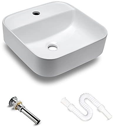 TEmkin Lavabo da appoggio Quadrato in Ceramica per Bagno, lavabo da appoggio, riempimento Profondo con Foro per Rubinetto e Set di gocciolatoi (510 x 400 x 140 mm)