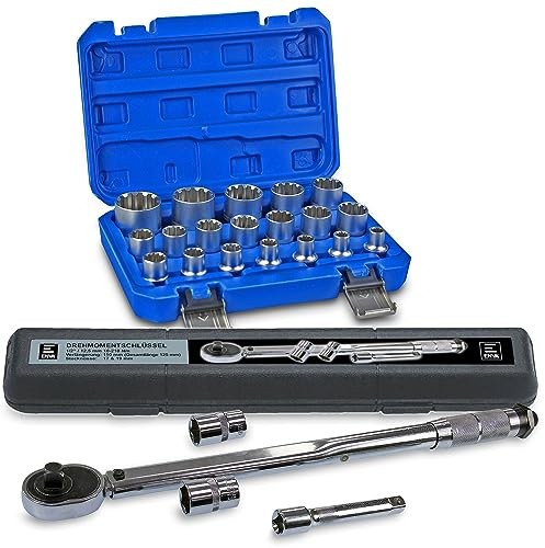 ENVA Chiave dinamometrica professionale 10-210Nm + 19TLG. Set di chiavi a bussola multiprofilo 1/2 per riparazione e manutenzione auto