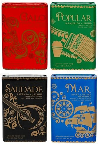 Ach Brito Set mit 4 Seifenstücken | Lusitanische Symbole Portugal | Meer | Saudade | Beliebt | Hahn | 4 x 75 g (300 g)