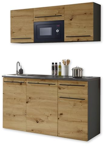 84-240-Y6 Single Küche JAZZ Küchenblock Küchenzeile Schwarz / Artisan Eiche ca. 160 x 212 x 60 cm