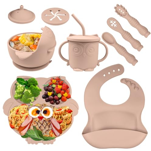 Bwaliffury Kinderteller Sets Silikon, 9 Stücke Rutschfest Geschirr Sets Mit Löffel Geteilte Platte und Lätzchen, Baby Geschirrset mit Saugnapf, Silikon Geschirr Baby für Kleinkinder
