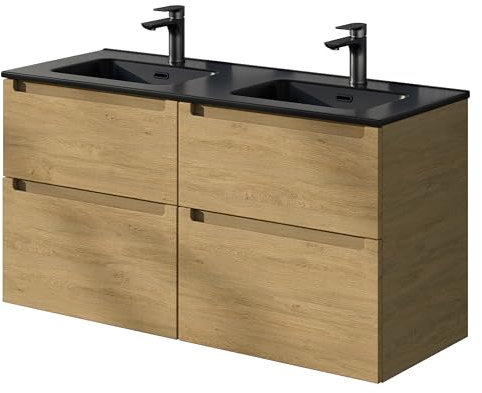 Bernstein Badmöbel-Set Vireo 120cm bestehend aus Doppel-Waschbecken und Unterschrank mit 4 Schubladen, Waschbeckenunterschrank in Eiche - 5 Jahre Garantie - Waschtisch in Schwarz