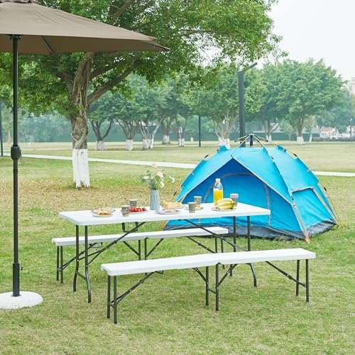 [en.casa] Klapptisch Ljusnarsberg Gartentisch klappbarer Outdoor-Tisch Falttisch aus Kunststoff Campingtisch mit Schlaufe zum Tragen 180x75x72cm Weiß