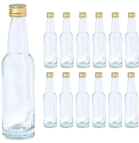 Vitrea 12 leere Glasflaschen 100ml Schraubverschluss Gold - kleine Flaschen zum Befüllen mit Deckel - für Saft, Getränke, Likör, Öl, Saucen, Sirup - 12 Stück, PP22, Kropfhals