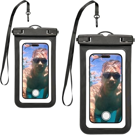 Custodia Impermeabile Smartphone 2 Pezzi, Cover Subacquea IPX8 Fino a 30M di Profondità, Custodia Subacquea Iphone 15 14 13 12 11, Universale con Laccetto per il Collo