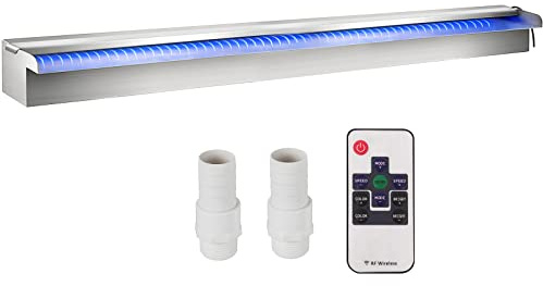VEVOR Scarichi a cascata piscina 90x11,5x8 cm Fontana Cascata Piscina Acciaio Inox con Striscia LED Colorata, Connettore Tubo, Telecomando Resistente alla Corrosione per laghetto, Giardino esterno