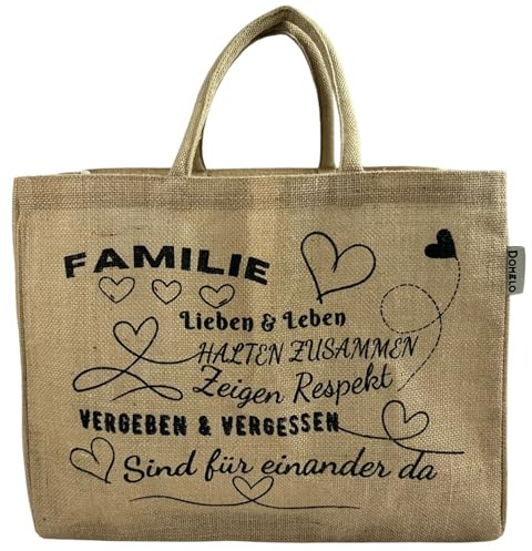 Domelo Jute Einkaufstasche groß Shopper Tragetasche beige 24L bedruckt | Wasserabweisende Jutetaschen in beige faltbare Shopping Bag Einkaufskorb wasserabweisend, Strandtasche mit Reißverschlussfach