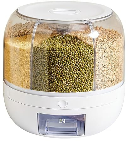 Dispensador de granos giratorio, contenedor de almacenamiento de muesli con 6 rejillas, caja de almacenamiento giratoria de 360 grados, con tapa extraíble, para arroz, alimentos secos, frutas,
