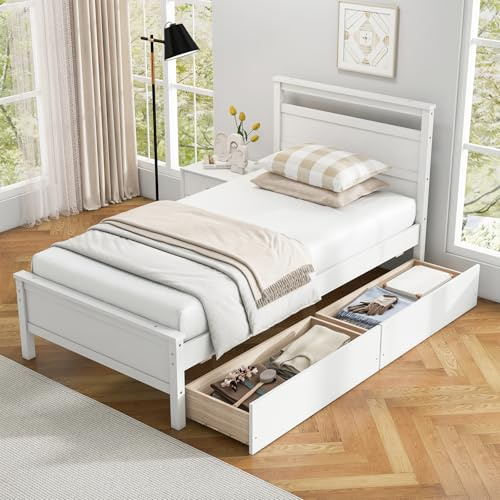 KOMFOTT Twin Bed Frame with 2 Storage Drawers, Wood Bed Frame with Headboard & Footboard, Wooden Slat Support, No Box Spring Needed Mattress Foundation for Kids Teens Adults (White)