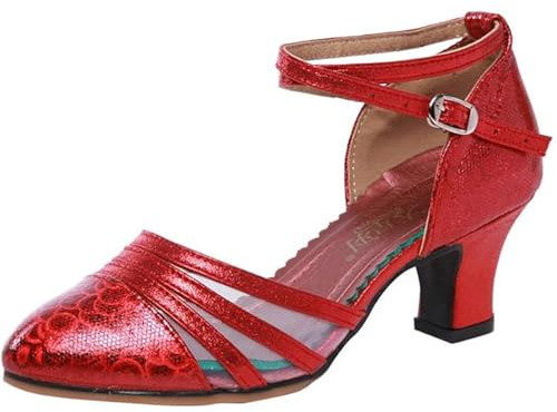 Dam Salsa Latindansskor tango skor rem blockklack pumps, Röd klack 3 cm, 41 EU