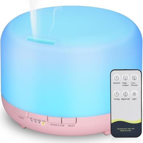 Hianjoo Aroma Diffuser 450ml, Luftbefeuchter mit Timer, Ultraschall Aromatherapie Diffusor 7 Farben LED mit Fernbedienung für Schlafzimmer/Büro/Yoga/Spa - Rosa