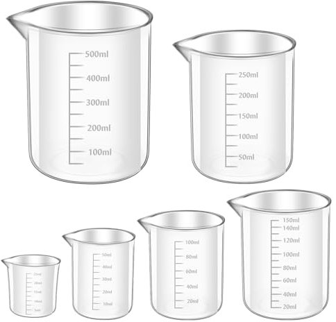 Juego de 6 vasos medidores de 25 ml, 50 ml, 100 ml, 150 ml, 250 ml, 500 ml, de precisión, resistentes al calor, de plástico, con escala, para laboratorio, cocina, detergentes químicos