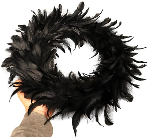 Haustürkranz mit Federn | Kranz aus schwarzen Naturfedern, 40,6 cm (16 Zoll), Foto-Zubehör für Partygeschenke, gruselige Szene, Halloween-Haustürdekorationen
