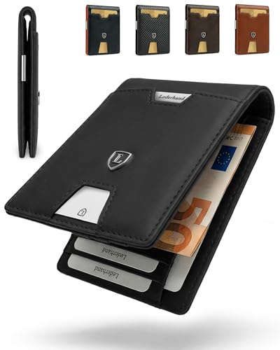 Lederhand® iSlim Wallet - Glattleder Geldbeutel mit Geldklammer und Münzfach, 9 Kartenfach Premium Geldbörse - Slim Wallet mit RFID NFC Schutz - Farbe Schwarz