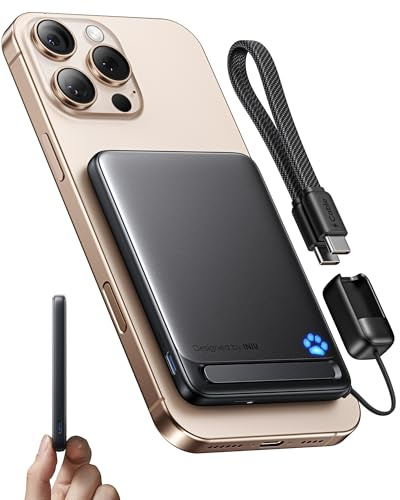 INIU Slimmest 5000mAh Portable Charger for MagSafe, Original Qi2 Certified Wireless Fast Charging, 15W Power Bank with USB C Cable & Stand, Travel Magnetic Battery Pack for iPhone 17-12 Series, black