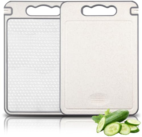 Casbomy Tabla de cortar de doble cara de acero inoxidable, paja de trigo y tabla de corte de acero inoxidable, tabla de corte de titanio para cocina, fácil de limpiar, mango de silicona antideslizante