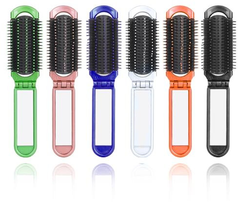 Haarbürste Klein, 6 Stück Mini Haarbürste Reisebürste Klappbar mit Spiegel, Klappbürste Kleine Haarbürste Reise Haarbürste Reise, Mini Bürste für Locken, Glätten Haar, Kinder, Damen und Herren