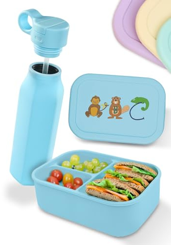 Juego de fiambreras de silicona para niños con motivos ABC y botella, resistente a roturas y a prueba de fugas, sin BPA, apta para lavavajillas, fiambrera de 800 ml y botella de 500 ml (azul bebé)