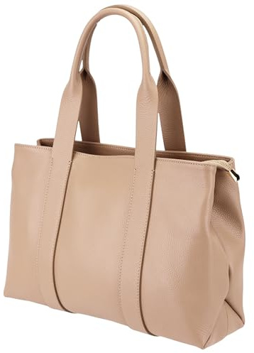 SH Leder ® Damen Echt Rindleder Henkeltasche Schultertasche Shopper 14 Zoll Laptoptasche für Büro Schule Abeitstasche Reisen mit Innentasche 39x26cm Inja G789 (Helltaupe)