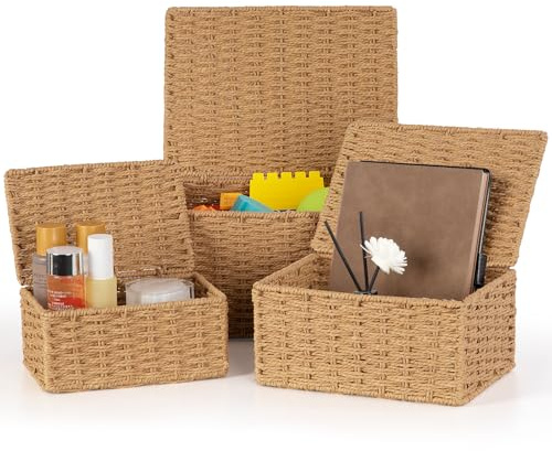 Aevcvok 3 Stück Aufbewahrungskorb mit Deckel,Körbchen Handgewebt Aufbewahrung Korb Papierseil Boho-Decor Körbchen, Multifunktionale Korb Geflochten für Badezimmer, Make-up,Tischplatten,Schrank
