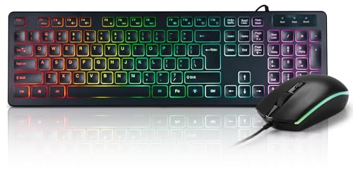 Clavier et souris rétroéclairés par LED arc-en-ciel filaire - Clavier d'ordinateur USB - Clavier et souris silencieux pour PC, Windows, ordinateur portable, bureau et jeu