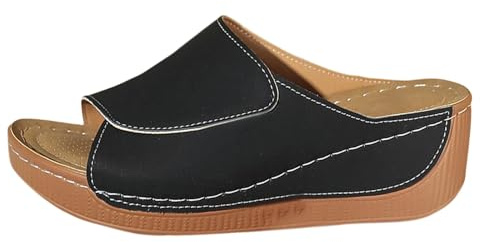 Dam ortopediska sandaler, platåtofflor för kvinnor, fiskmunstycken, pantoletter, öppen tå, lädertofflor, kil, plattform, sandal, stor storlek, glidskydd, mjuka sulor, sommarskor, badskor, svart, 37 EU