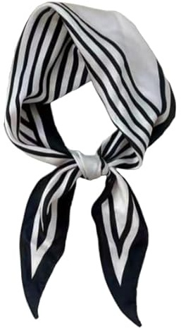 GIMIRO Dekorativ halsduk för kvinnor 120 x 36 cm strass sidenscarf diamantformat band blommor ränder vågpunkt, Vit, svart, smala ränder, 120 x 36 Centimeters
