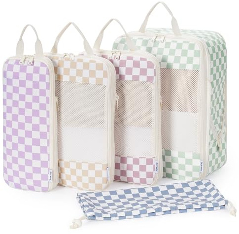 Narwey 5 Sets Compresión Organizador Maletas Bolsos, Compression Packing Cubes, Bolsas Viaje para Mochila, Equipaje de Mano y Maleta, Organizadoras Ropa Travel Essentials (cuadros combinada)