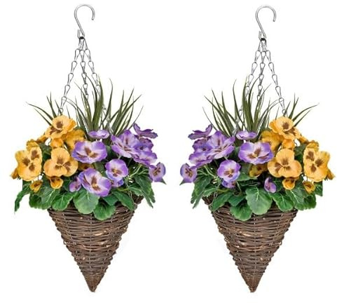 2 x Cone Shaped Hanging Baskets with Purple & Yellow Flowers and Decorative Grasses (Set of 2)