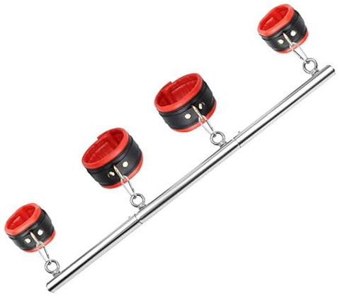 Heavy Duty Expandable Spreader Bar - silver Stainless Steel Exercise Bar with 4 Pcs Black PU Adjustable Straps | Yoga, Pilates & Home Gym Workout Equipment | Fitness Training Sports Gear