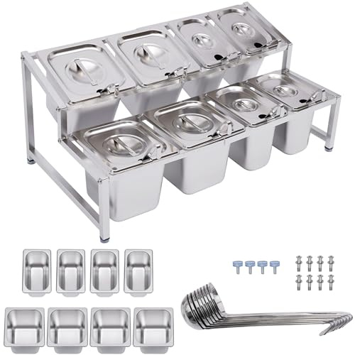 Stainless Steel Seasoning BoxPizza Topping Station with 5 1/3Pans and Lids, Stainless Steel Pan Food Container Condiment Dispenser Countertop Spice Rack Organizer Shelf Holder (Industrial)