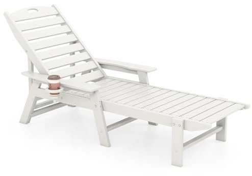 GYMAX Sonnenliege Weiß Rillendesign, Gartenliege mit 4-Fach Verstellbarer Rückenlehne, drehbarer Becherhalter & breite Armlehnen, wetterfester Liegestuhl für Pool, Terrasse, Patio