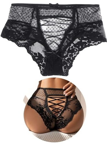 ohyeahlady Culotte Ouverte Femme Taille Haute Dentelle Grande Taille | String Chic Hot, Tanga Dentelle Transparent, Culotte Fendue,Taille Elastique,Liens Croisés Ajustable,Sous Vetement,Shorty
