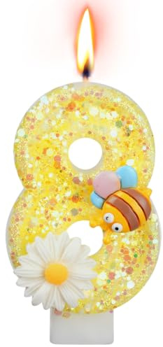 Alaoo Yellow Bee Födelsedagsljus, Födelsedagsdekorationer för tårta för flickor och pojkar, Söt Cupcake Topper Nummerljusdekorationer för Födelsedagsfest (Nummer 8)