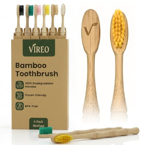 VIREO Bamboo Toothbrushes Medium Bristles 6-Pack - BPA-Free Eco-Friendly Toothbrushes for Adults - Biodegradable, Natural Wooden Toothbrush