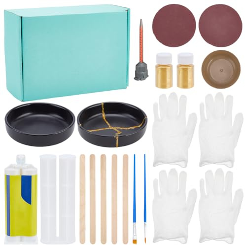 WEBEEDY 2 Sets Kintsugi Repair Kit Gold for Beginners, Complete Japanese Repair Art Kit with Practice Cups, Epoxy Resin Adhesive for Repairs Meaningful Broken Ceramics, Jade, Sculptures, Pottery Craft