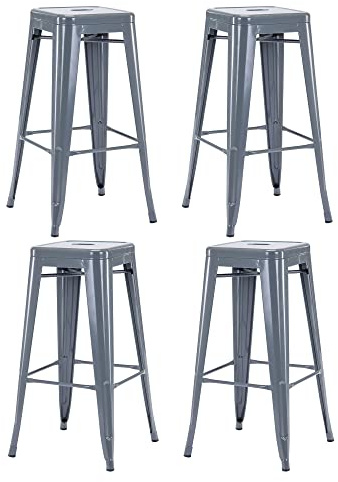 Duhome Barstol i järn, barstolar set om 4, sitthöjd 76 cm, stegpall i metall, bistropall med fotstöd i industriell design, grå