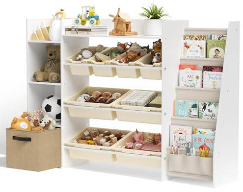 CUPCHID Kinderregal, Holz-Bücherregal mit 8 Aufbewahrungsboxen, Kinderzimmermöbel mit Spielzeugkiste für Schlafzimmer, Wohnzimmer, Arbeitszimmer, 147 x 30 x 100 cm, Weiß