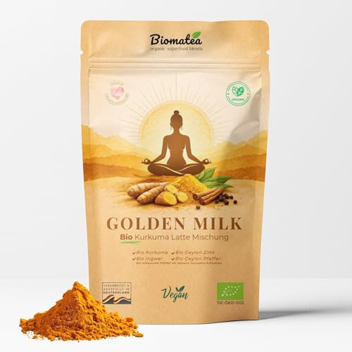 Biomatea Golden Milk Bio Kurkuma Latte Pulver 200g – Bio Goldene Milch, Kurkuma Latte Mischung mit Ceylon Zimt, Ingwer & Schwarzer Pfeffer – Vegan – Wiederverschließbarer Doypack