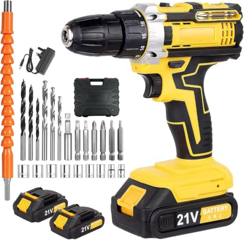 21V Cordless Electric Screwdriver Set - 42N.m (420in-lb) Torque, 2×1500mAh Batteries & Charger, 25+2 Speed, 30pcs Accessories with Case, Forward/Reverse Safety Lock
