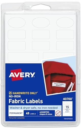 Avery® No-Iron Fabric Labels, Assorted Shapes and Sizes, Washer and Dryer-Safe Waterproof Labels, Non-Printable, 45 Total (40700)