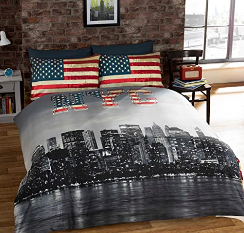 New York King-Size Set biancheria da letto matrimoniale reversibile, Copripiumino e 2 federe, Motivo: NYC, Multicolore