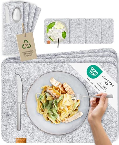 MIQIO Tischset aus Filz - 12er Tisch Untersetzer-Set - Filz Tischset abwaschbar - 4 Platzsets, Glasuntersetzer, Bestecktaschen | helllgrau | Filzuntersetzer eckig - Platzdeckchen für Weihnachten