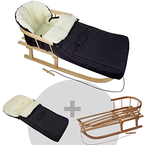 BambiniWelt Holzschlitten mit Rückenlehne & Zugseil + Winterfußsack 108 cm – warmes Thermofleece, wasserabweisend – Kombi-Set für Kinderwagen & Buggy, Farbe: schwarz