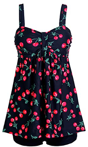 Laorchid Damen zweiteilig Badeanzug Push up Bademoden bauchweg Tankini Set Raffungen high Waist Tankini Beachwear Hotpants Kirsche XL(EU 42)