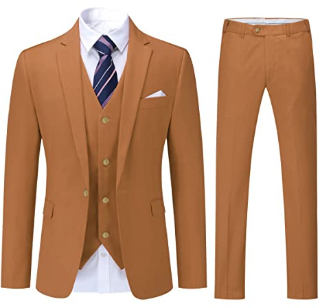 YOUTHUP Costume Homme 3 Pièces Mariage Business Slim Fit Smoking Un Bouton Formel Blazer Veste Gilet et Pantalon, Caramel, M