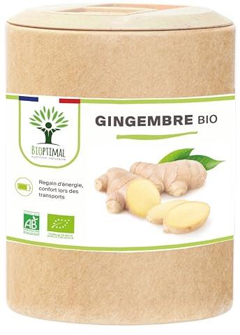 Gingembre Bio - Bioptimal - Complément alimentaire - Energie Mal des transports Digestion Sexualité - Poudre de Racine - 270 mg par Gélule - Fabriqué en France - Certifié par Ecocert - 200 gélules