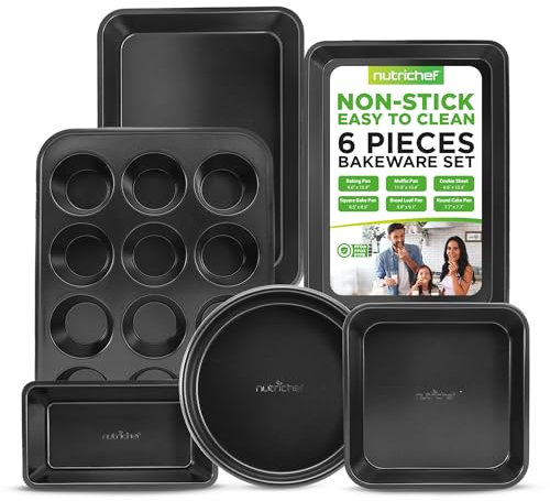 NutriChef Set di 6 Teglie da Forno Antiaderenti in Acciaio al Carbonio, Teglie Forno per Biscotti, Muffin, Torte e Pane, Resistenti ai Graffi, Lavabili in Lavastoviglie, Nero